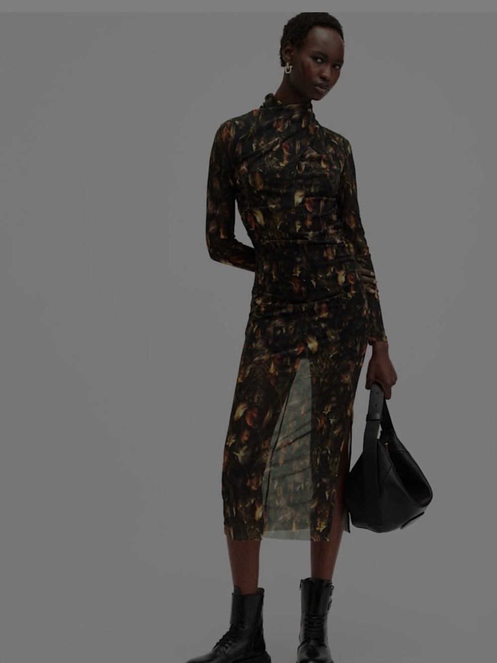 AllSaints Black Floral Long-Sleeve Midi Dress with Front Slit